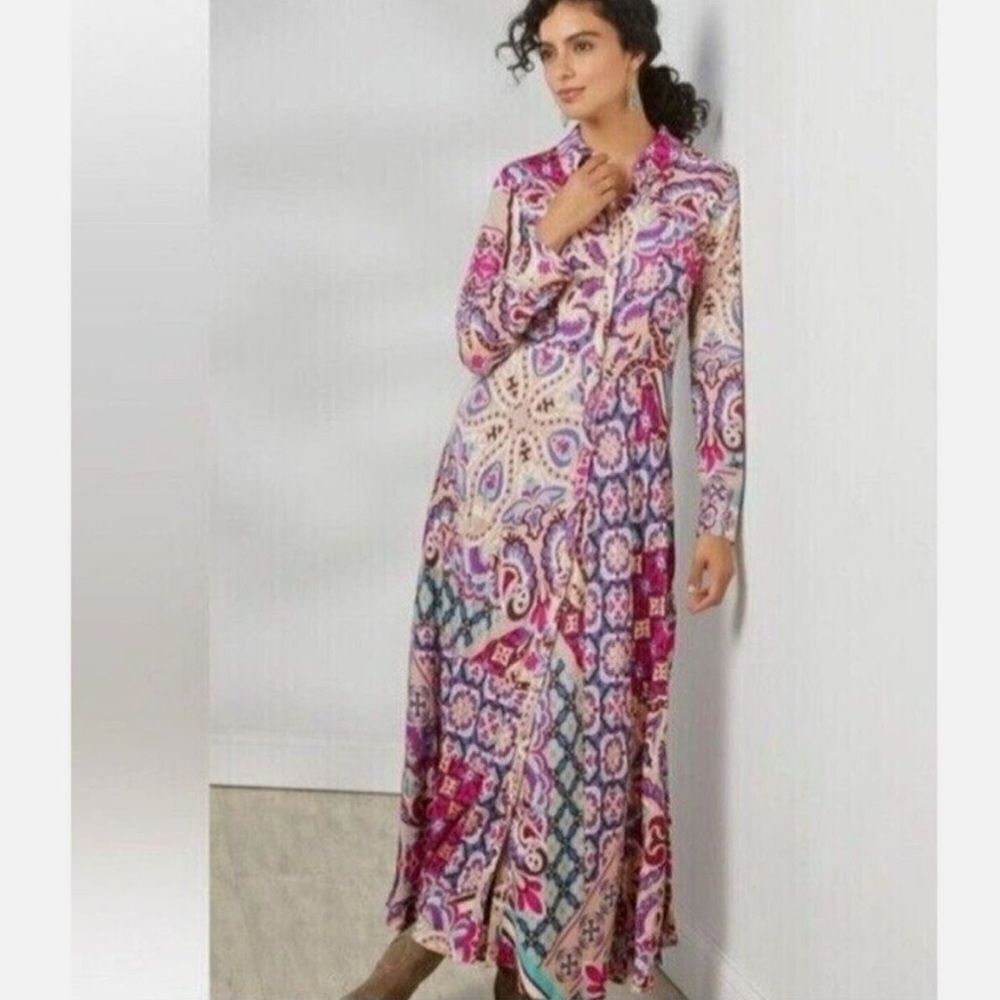 Soft Surroundings PALERMO Pink Metallic Gold RetroโA Line Button Up Shirt Dress